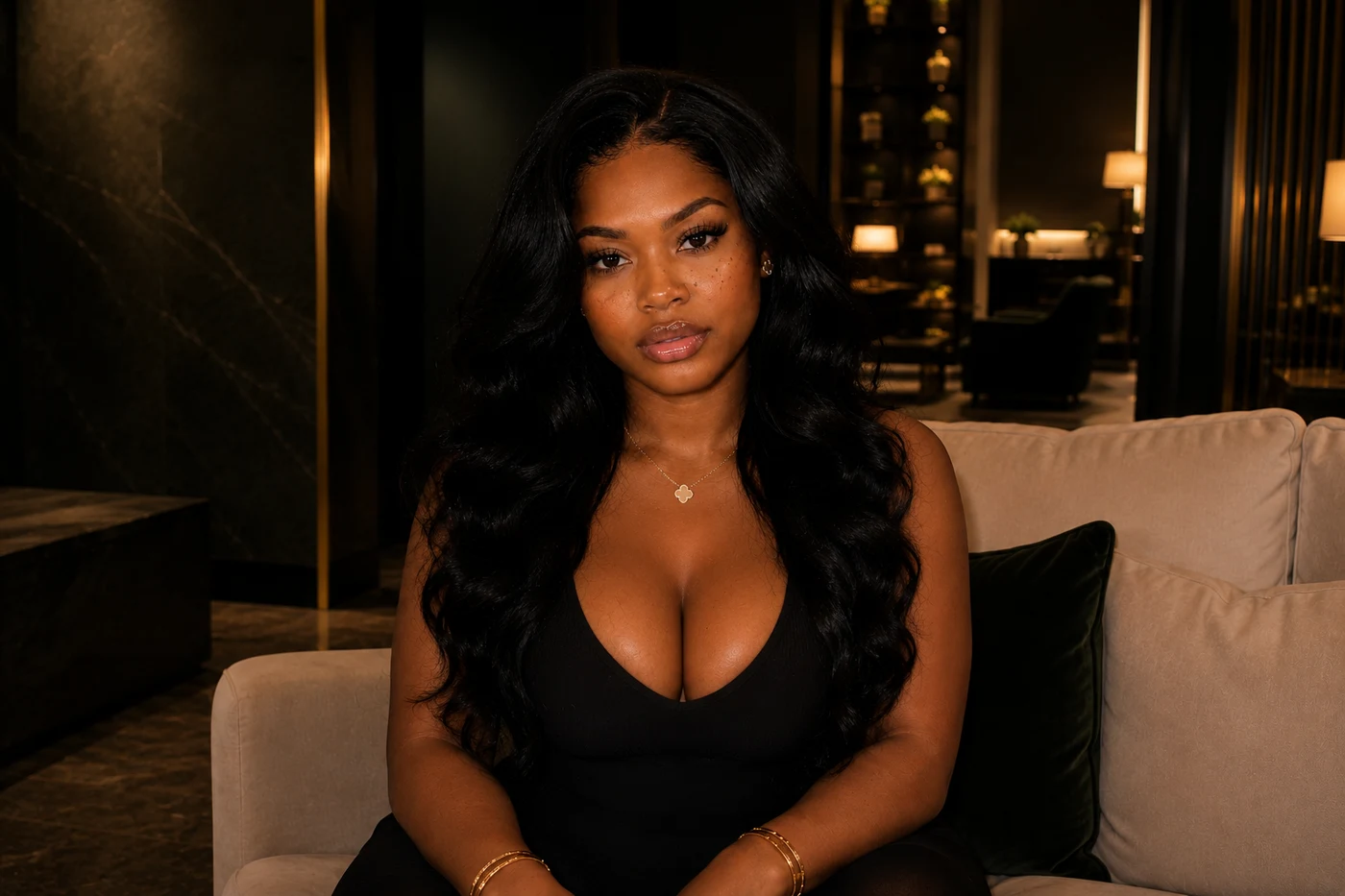 Ti, founder of It Girl Affirmations, seated in a dark green interior