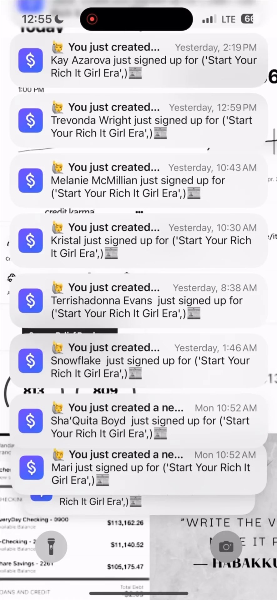 Phone notifications showing a series of new sign-ups for “Start Your Rich It Girl Era” across consecutive days.