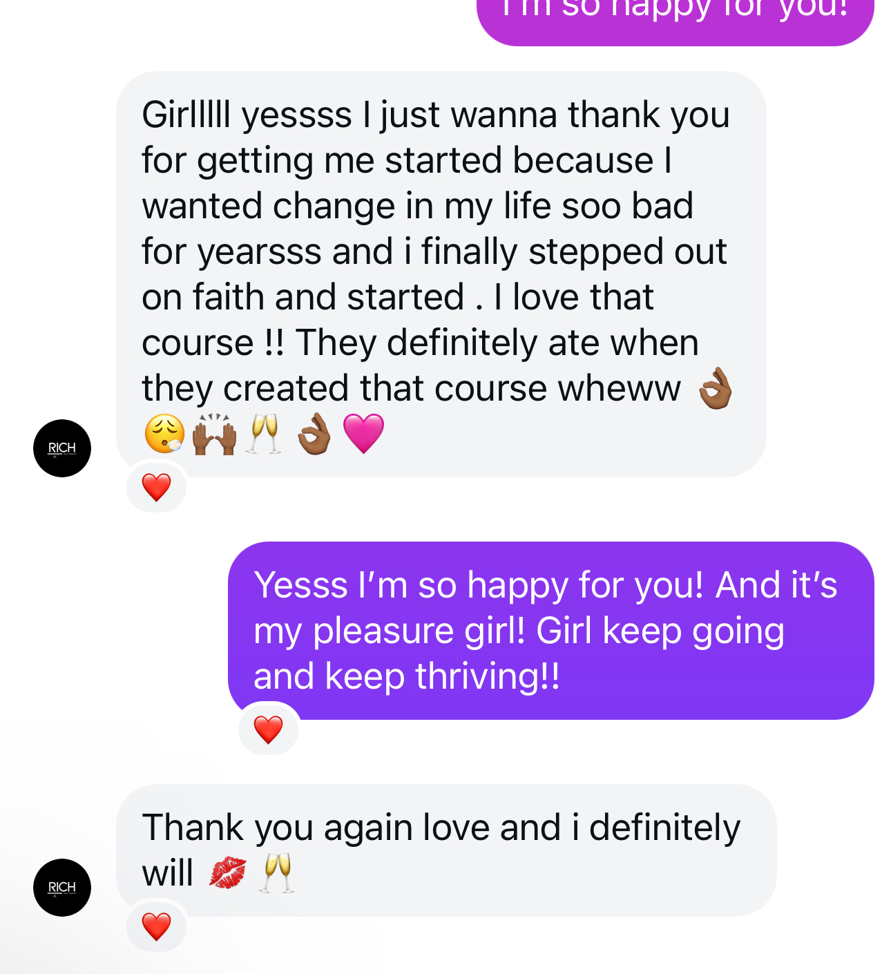 Direct message thanking Ti for getting her started after wanting change for years, and saying she loves the course.